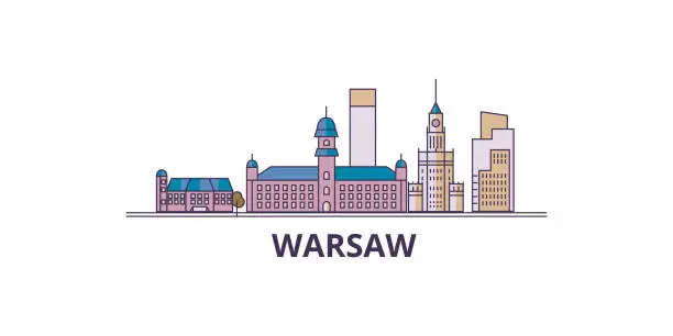 Vector illustration of Poland, Warsaw City tourism landmarks, vector city travel illustration