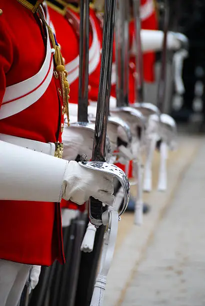 Royal Guards stand at attention during guard changing ceremony in London