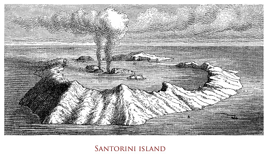 Engraving depicting the Santorini Island's volcanic caldera - Greece