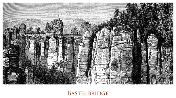Engraving depicting the impressive stone bridge over the Bastei, rock formation above the Elbe River