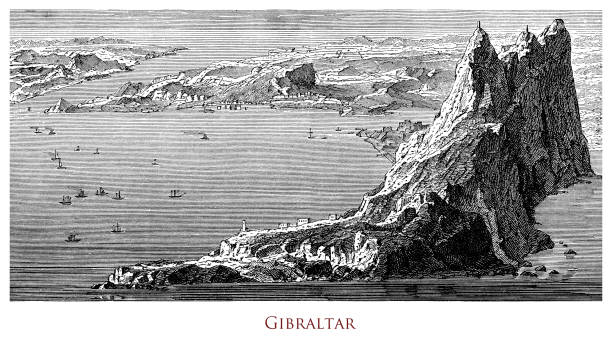 Engraving panoramic landscape depicting the Rock and the strait of Gibraltar- UK