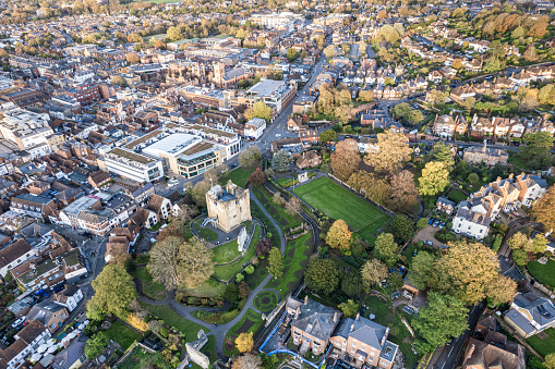 beautiful aerial view of the Guildford Castle and town center of Guildford, Surrey, United Kingdom, daytime autumn