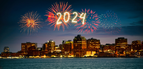 Happy New Year Fireworks on Halifax Nova Scotia Canada. Toned Image.