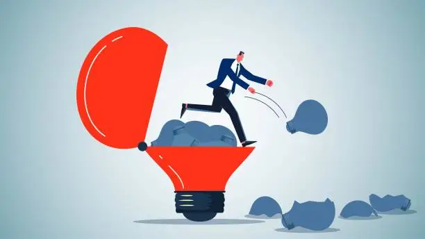 Vector illustration of Cleaning out minds and brains, clearing out useless thoughts and ideas, increasing creative productivity, businessmen throwing gray useless light bulbs out from inside the big ones