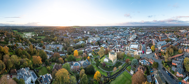 beautiful aerial view of the Guildford Castle and town center of Guildford, Surrey, United Kingdom, daytime autumn