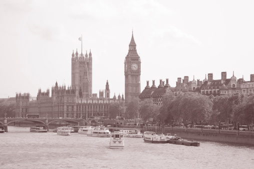 Houses of Parliament and Big Ben; London; UK in Black and White Sepia Tone