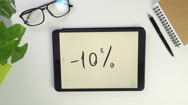 Write note on tablet screen. Electronic pencil for widget notes. Modern reminder on screen. Top view of white desktop in office. Screen glasses. Pocket laptop for modern reminders.