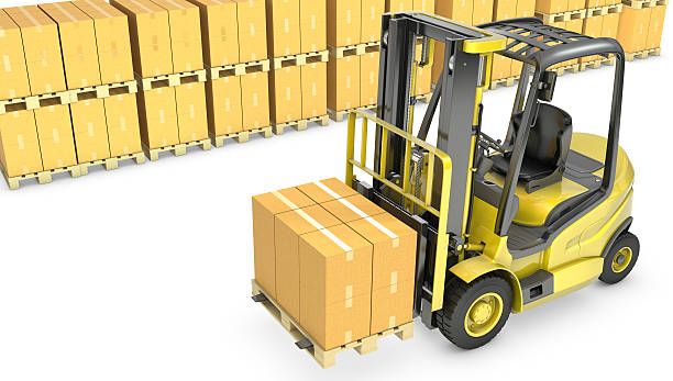 istock Yellow fork lift truck with stack of carton boxes 178360559