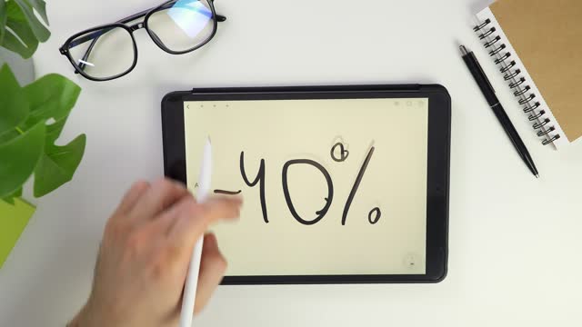 Write note on tablet screen. Electronic pencil for widget notes. Modern reminder on screen. Top view of white desktop in office. Screen glasses. Pocket laptop for modern reminders.