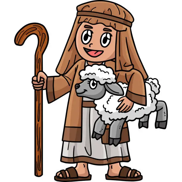 Vector illustration of Christian Shepherd and Sheep Cartoon Clipart