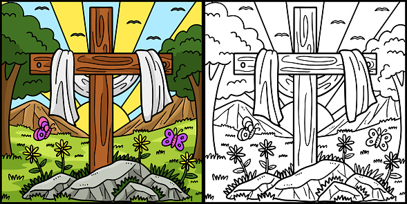 This coloring page shows a Christian Cross Draped with Fabric. One side of this illustration is colored and serves as an inspiration for children.