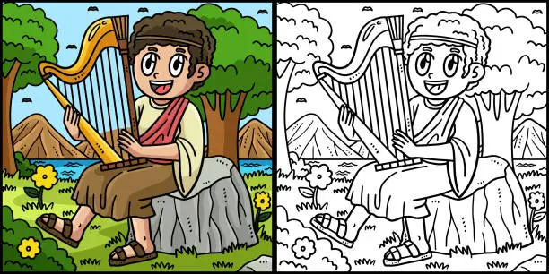 Vector illustration of Christian David Playing the Harp Illustration