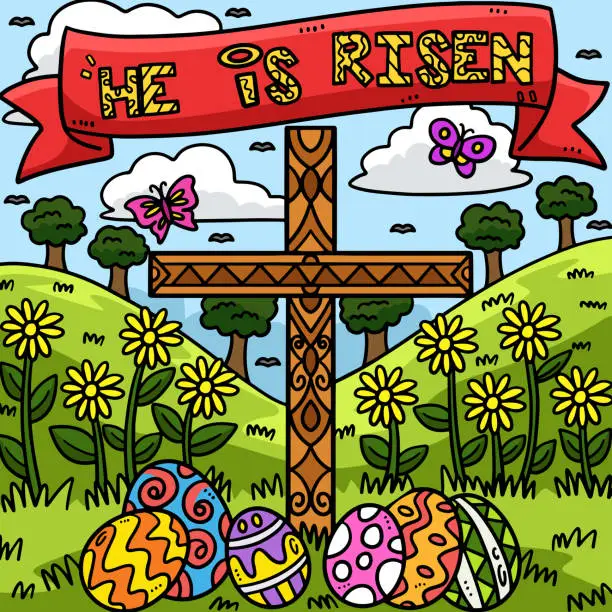 Vector illustration of Christian He Is Risen Colored Cartoon Illustration