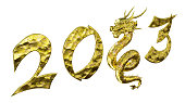 Chinese New Year. Symbol of the next year after 2023 year is a dragon. Numbers 2023 stylized in Chinese gold metal on white background.