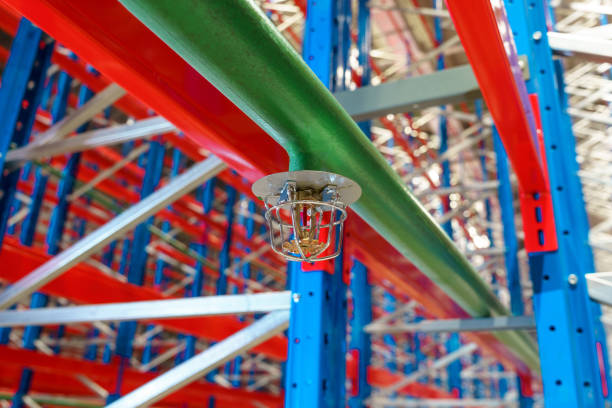 istock Fire sprinkler in a large warehouse with metal shelving 1783607258
