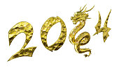 Chinese New Year. Symbol of 2024 year is a dragon. Numbers 2024 stylized in Chinese gold metal on white background.