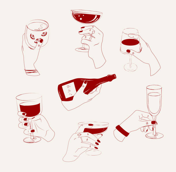 ilustraciones, imágenes clip art, dibujos animados e iconos de stock de collage de manos sosteniendo varias botellas de vino y copas de vino. - toast party silhouette people