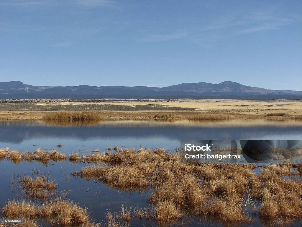 Fall pond and mountians "A large, flooded pond reflecting a mountain range. Season: late fall before the snowfall. Warner Mountains located in Modoc County, California." Modoc County - California Stock Photo