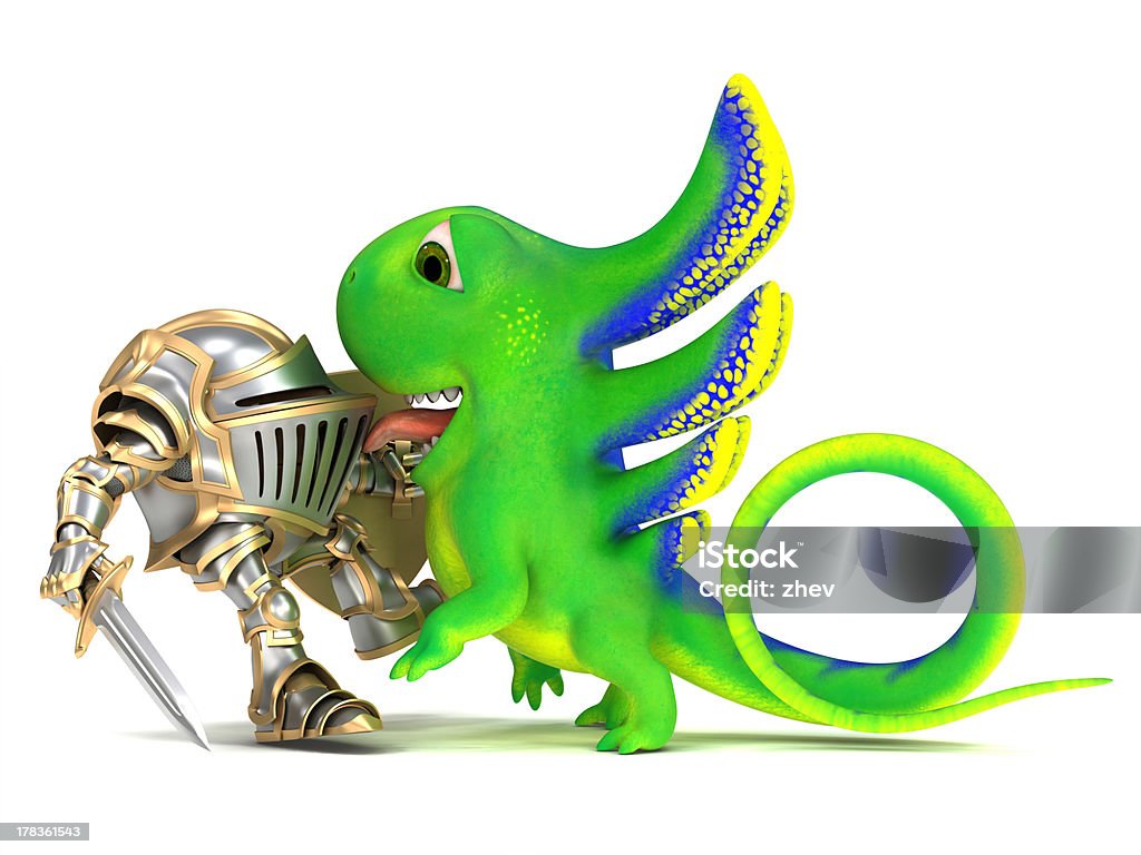 Knight and dragon 3d image. Isolated white background. Activity Stock Photo