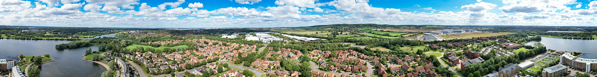 Aerial Ultra Wide Angle Panoramic View of Modern British City Milton Keynes, England UK