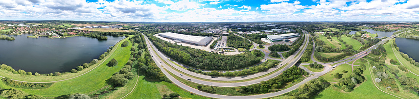 Aerial Ultra Wide Angle Panoramic View of Modern British City Milton Keynes, England UK