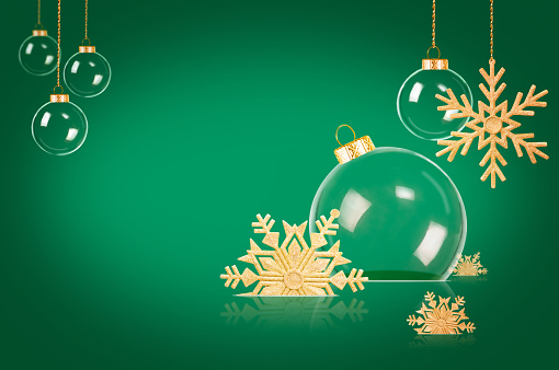 Christmas Ornaments green background. Copy space