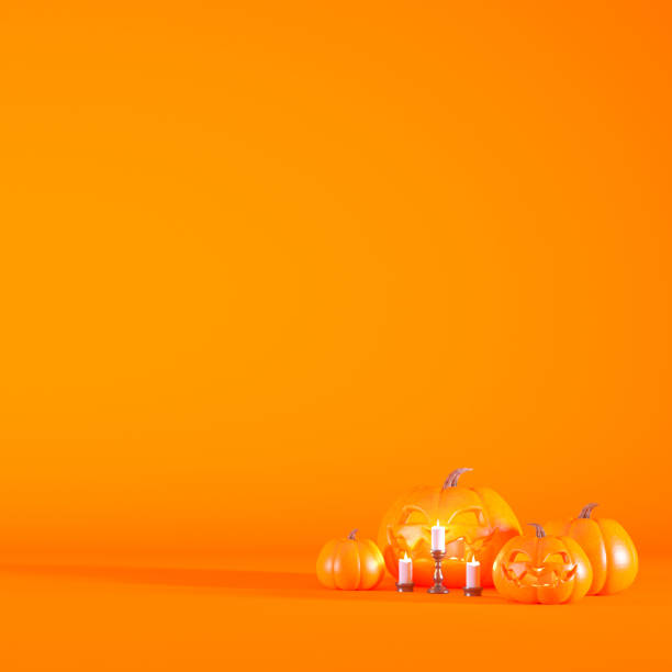 Halloween concept orange backdrop with pumpkins, Jack o lanterns and candles. Halloween background idea 3d rendering illustration with copy space.