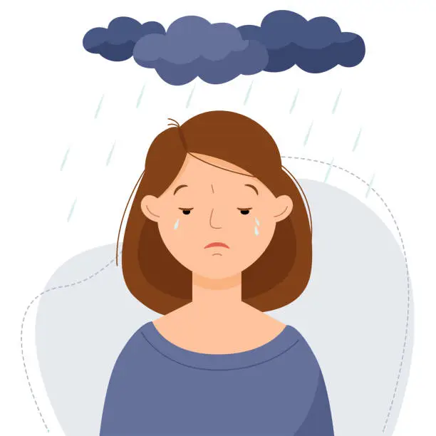 Vector illustration of Woman suffering from sadness, upset and depression. Girl cry, tears.