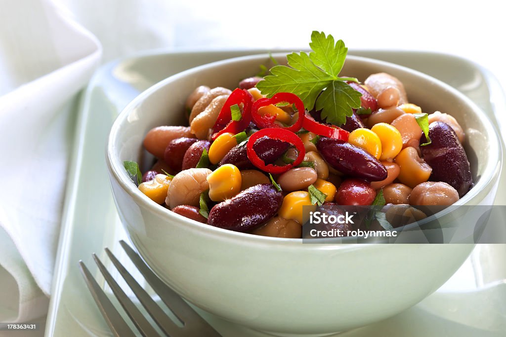 Bean and Corn Salad with Chili Three bean and corn salad with chili.  Delicious vegetarian eating. Kidney Bean Stock Photo