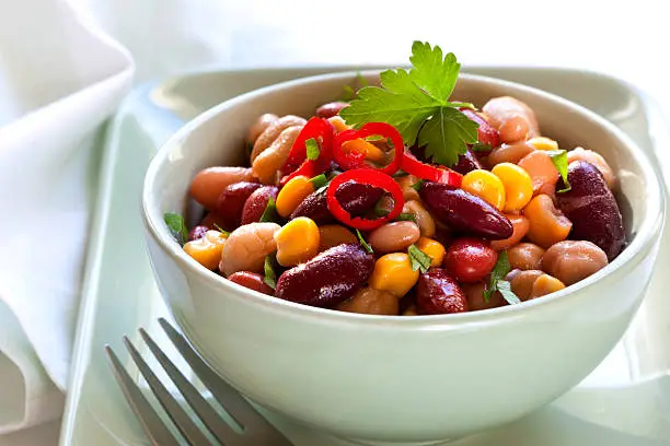 Three bean and corn salad with chili.  Delicious vegetarian eating.