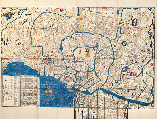 carte ancienne de la capitale japonaise edo-tokyo - edo period photos et images de collection