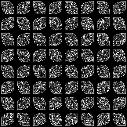 A seamless pattern featuring stylized white leaf shapes with dotted textures arranged within a grid on a black background.