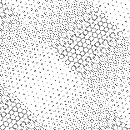 This image features a monochromatic gradient of hexagonal dots that form a fading diagonal pattern, moving from a dense honeycomb structure to sparse dots, in grayscale tones.