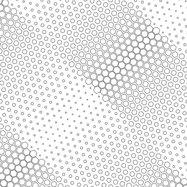 Vector illustration of Monochromatic hexagonal dots pattern creating a fading diagonal transition.