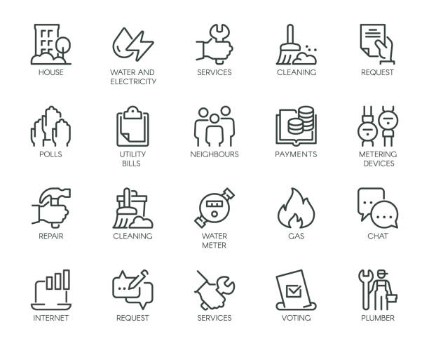 Premium Icons Pack on Housing and Communal Services Consumer Services Public Utilities. Such Line Signs as Plumbing Work, Cleaning Garbage. Vector Icons Set for Web and App in Outline Editable Stroke Premium Icons Pack on Housing and Communal Services Consumer Services Public Utilities. Such Line Signs as Plumbing Work, Cleaning Garbage. Vector Icons Set for Web and App in Outline Editable Stroke public service icon stock illustrations