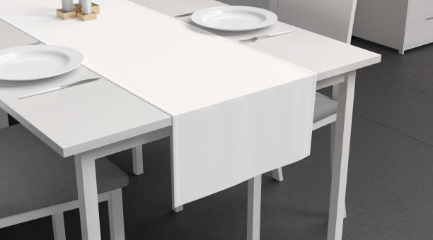 istock Blank white table runner and dishes mockup crop, interior background 1783646675