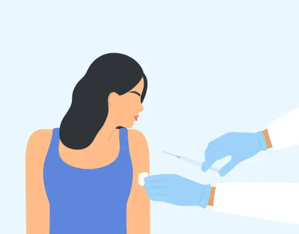 Vector illustration of Close-up View Of Doctor's Hands Injecting Vaccine To Female Patient. Protection Against Harmful Diseases With Vaccination