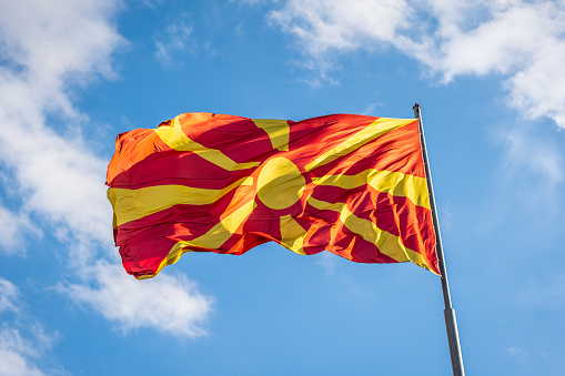 Macedonia flag waving in the wind, flag of North Macedonia