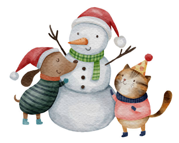 istock Dog and cat are molding a snowman . Watercolor paint cartoon characters . White isolate background . X-mas scene set 5 of 10 . illustration . 1783655795