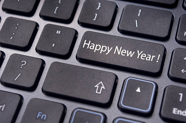 happy new year message, keyboard enter key stock photo