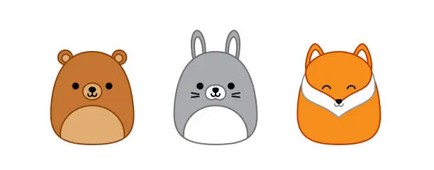 Vector illustration of Bear, hare, fox. Squishmallow. Cute soft plush toy. Pillow. Cartoon, kawaii, vector