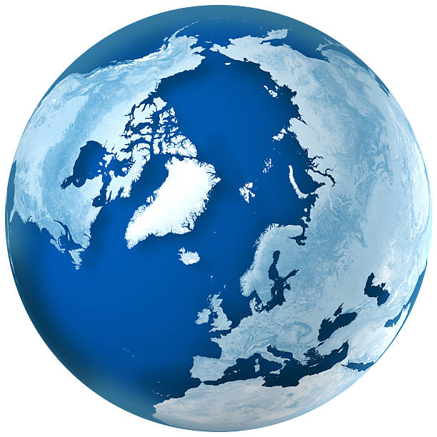 Blue Earth the North Pole "3D rendering of blue earth with detailed land illustration.  the North Pole, Europe,  Asia, and North America view.Made with Natural Earth. Free vector and raster map data @ www.naturalearthdata.com" north pole map stock pictures, royalty-free photos & images