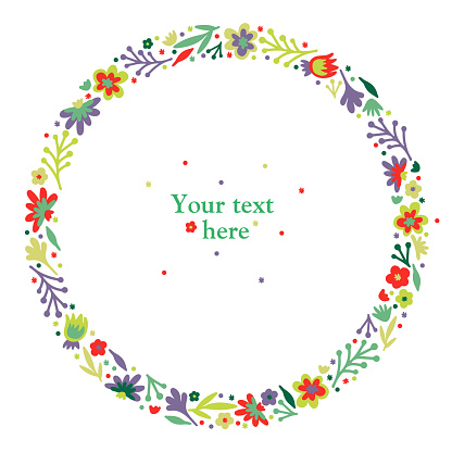 Wreath. Ring. Summer or spring doodle scandi wreath with flowers and leaves. Isolated vector stock illustration EPS 10 on white background