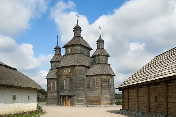 "Wooden church in old cossack village in Zaporoche, on Hortitsa island, Ukraine."