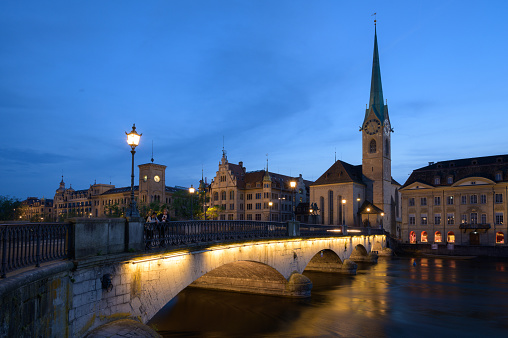 View of Fraumunster Church at night, Zurich, Schweiz