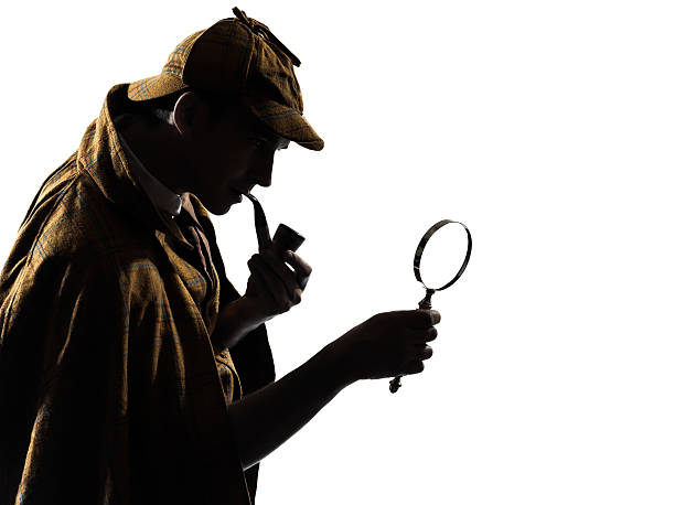 Silhouette of man smoking a cigar holding a magnifying glass sherlock holmes silhouette in studio on white background detective stock pictures, royalty-free photos & images