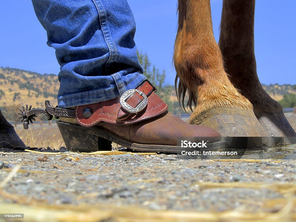 Cowboy-Stiefel, Spurs, Pferd der Hufe - Lizenzfrei Bildhintergrund Stock-Foto