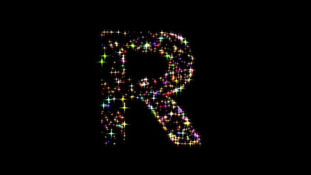 English alphabet R with colorful glitter sparkles on plain black background