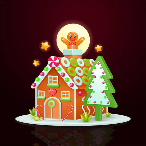 Vector illustration of Gingerbread house with cookie tree and gingerbread man, 3d vector. Perfect for Christmas, holiday and party cookies