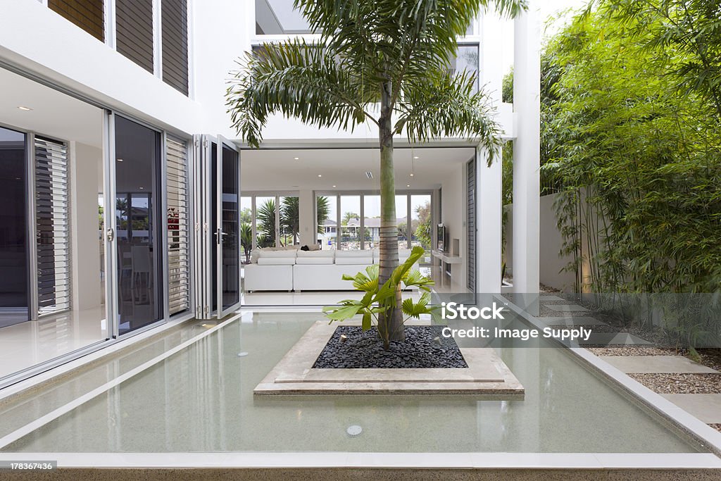 Luxurious home with water feature Palm tree and fountain inside luxury home Architecture Stock Photo